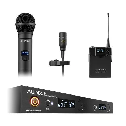 Audix AP42C210B Wireless Microphone System with R42 2-Channel Diversity Receiver, H60 OM2 Handheld Transmitter, B60 L10 Bodypack Transmitter, and ADX 10 Lavalier Microphone, 554 MHz-586 MHz