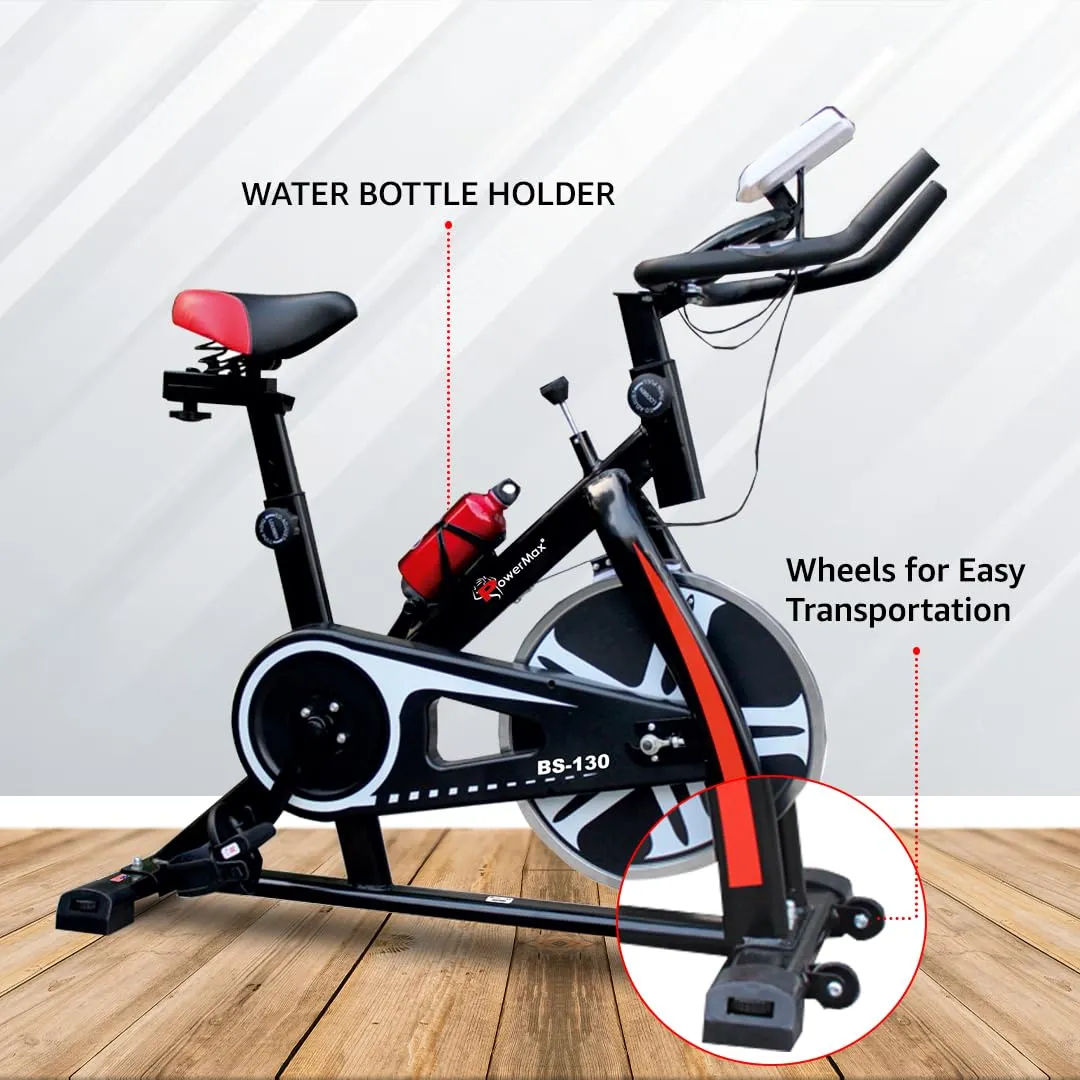 BS-130 Spin Exercise Bike [8Kg Flywheel | Max User Weight 130kg | LCD Display | 3pc Crank | Bottle Holder | Anti-slip Pedals and Comfortable Seat] 1 Year Manufacturer Warranty | Black