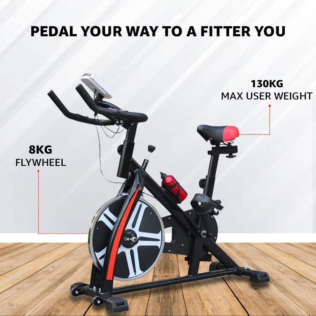 BS-130 Spin Exercise Bike [8Kg Flywheel | Max User Weight 130kg | LCD Display | 3pc Crank | Bottle Holder | Anti-slip Pedals and Comfortable Seat] 1 Year Manufacturer Warranty | Black