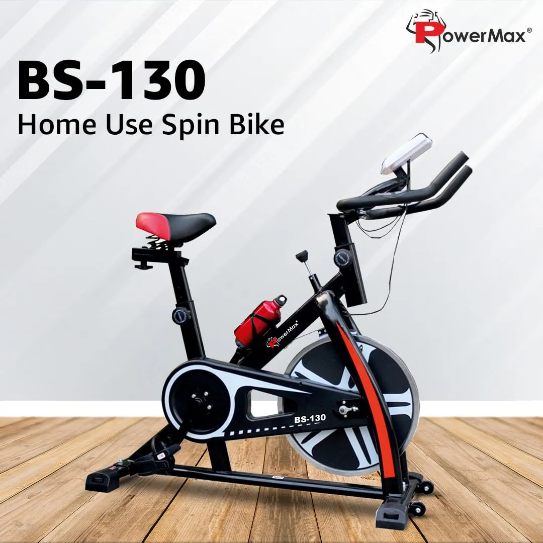 BS-130 Spin Exercise Bike [8Kg Flywheel | Max User Weight 130kg | LCD Display | 3pc Crank | Bottle Holder | Anti-slip Pedals and Comfortable Seat] 1 Year Manufacturer Warranty | Black