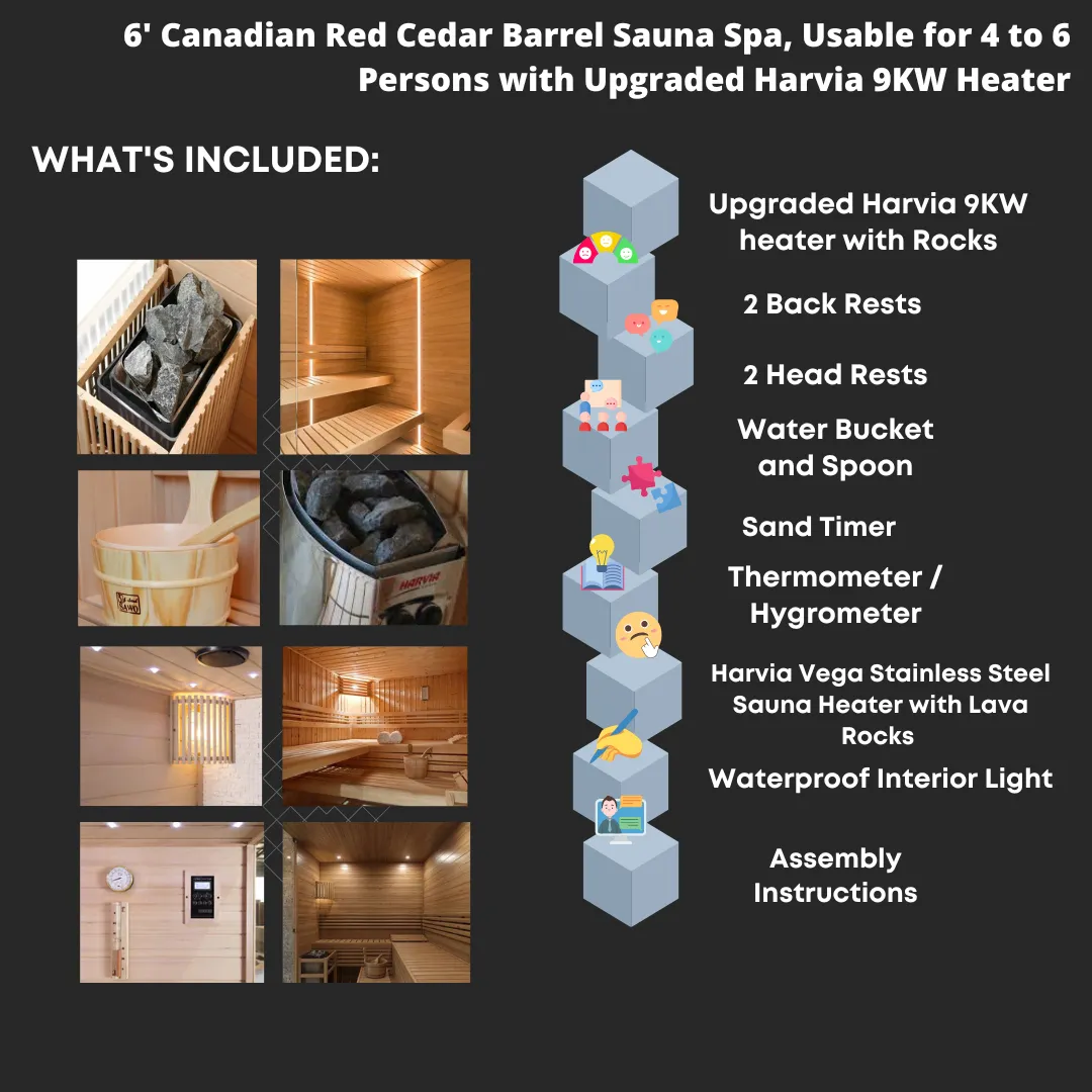 Canadian Red Cedar Barrel Indoor or Outdoor Traditional Wet or Dry Steam Sauna Spa for 4 to 6 Person - Harvia 9KW Heater