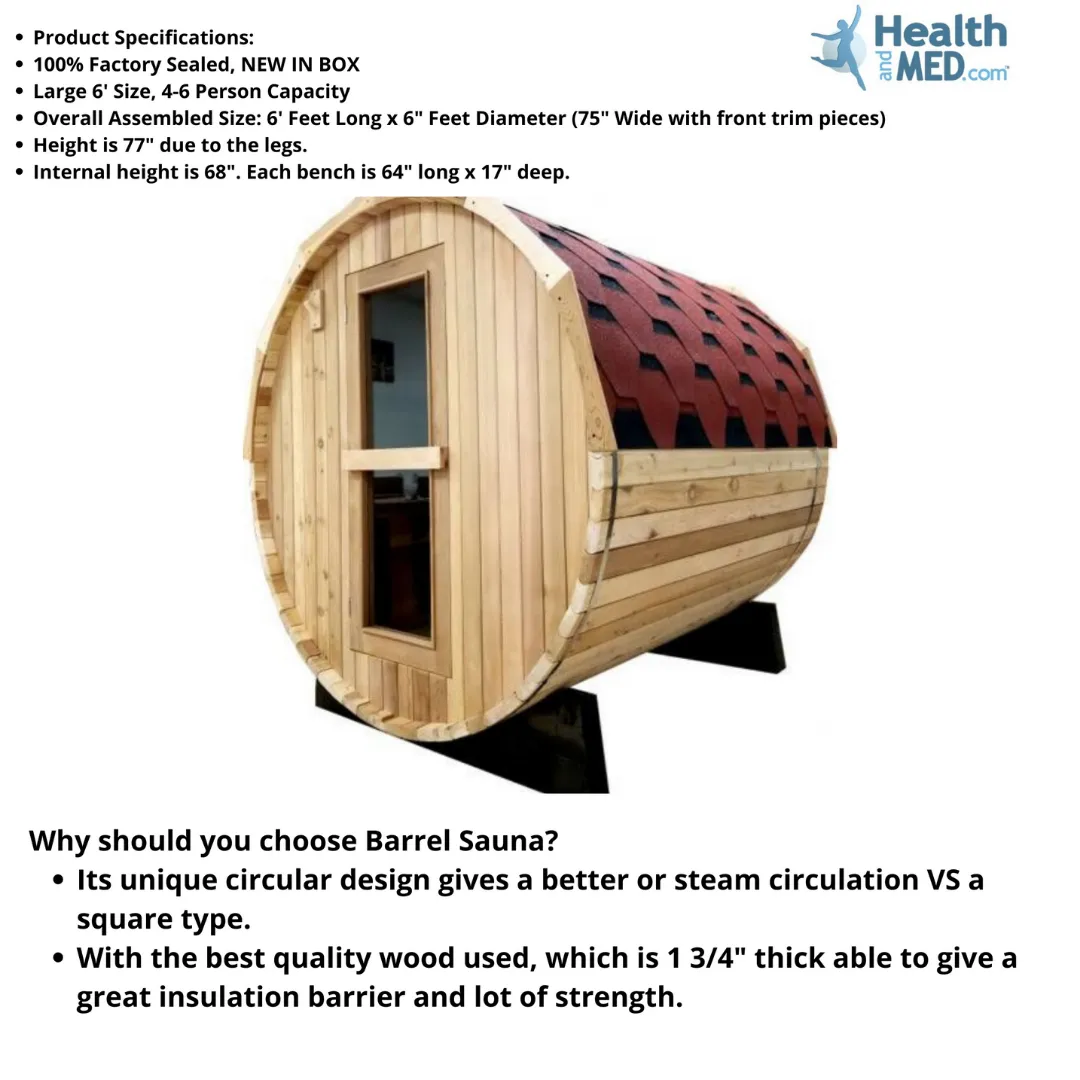 Canadian Red Cedar Barrel Indoor or Outdoor Traditional Wet or Dry Steam Sauna Spa for 4 to 6 Person - Harvia 9KW Heater