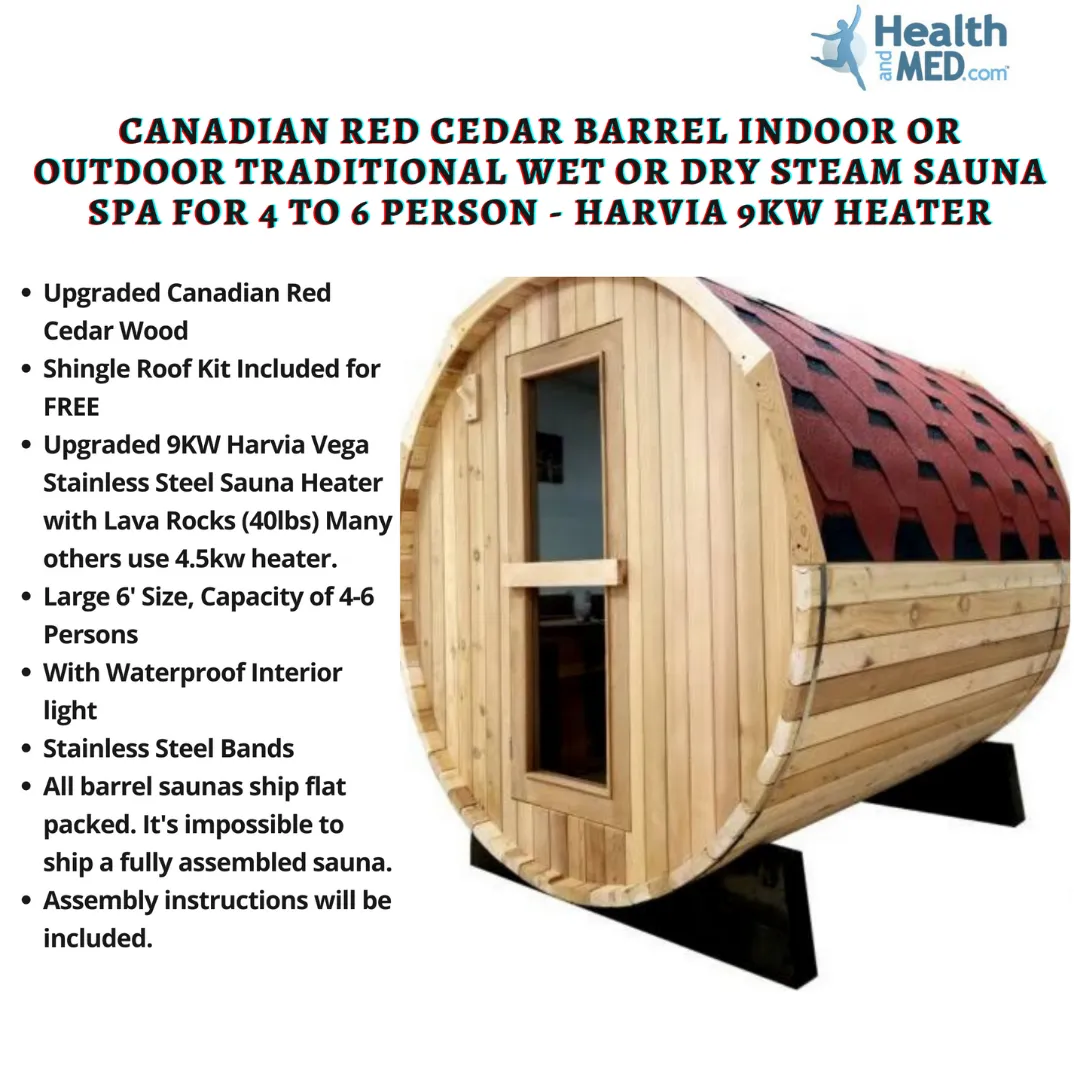 Canadian Red Cedar Barrel Indoor or Outdoor Traditional Wet or Dry Steam Sauna Spa for 4 to 6 Person - Harvia 9KW Heater