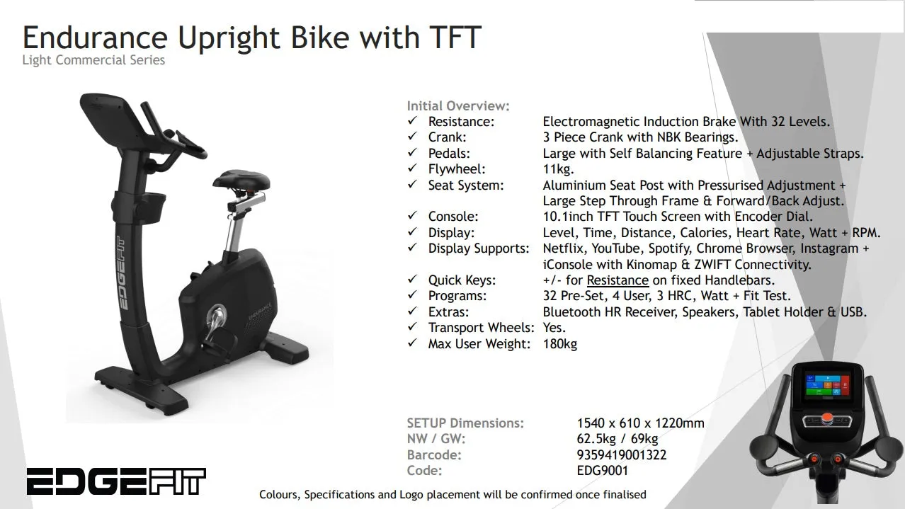 Edgefit Elite Upright Bike with TFT -  Commercial Series Pre-Order Now for Feb 25 Delivery