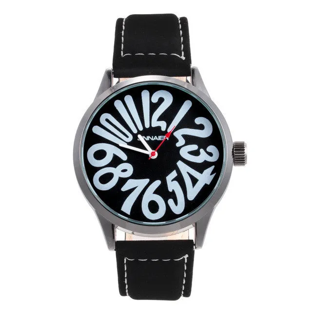 Fashion Jinnaier women men Unisex large number dial style Leather strap quartz wrist watch J07