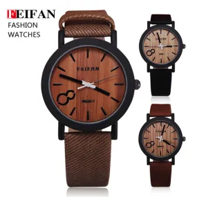 Feifan Unique Vogue Mens Quartz Watches Wooden Outdoor Sport Watches Popular Men Clock With Leather Strap Relojes Hombre 2016