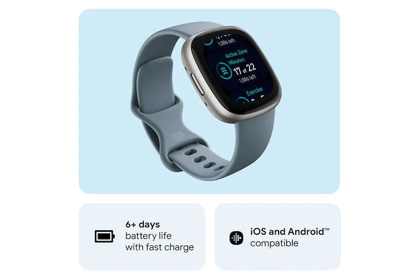 Fitbit Versa 4 Smartwatch Waterfall Blue & Platinum