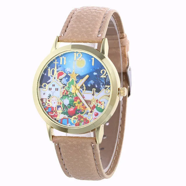 Girl Quartz Watch Clock Women Leather Casual Dress Women's Christmas Snowflake Wristwatch Cool Watches Unique Watches Gift Idea