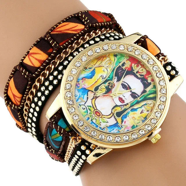 Gnova Platinum TOP Large Strap BIG Dial Ethnic lace mexican Rhinestone Frida Parrots Fashion woman wristwatch bracelet watch