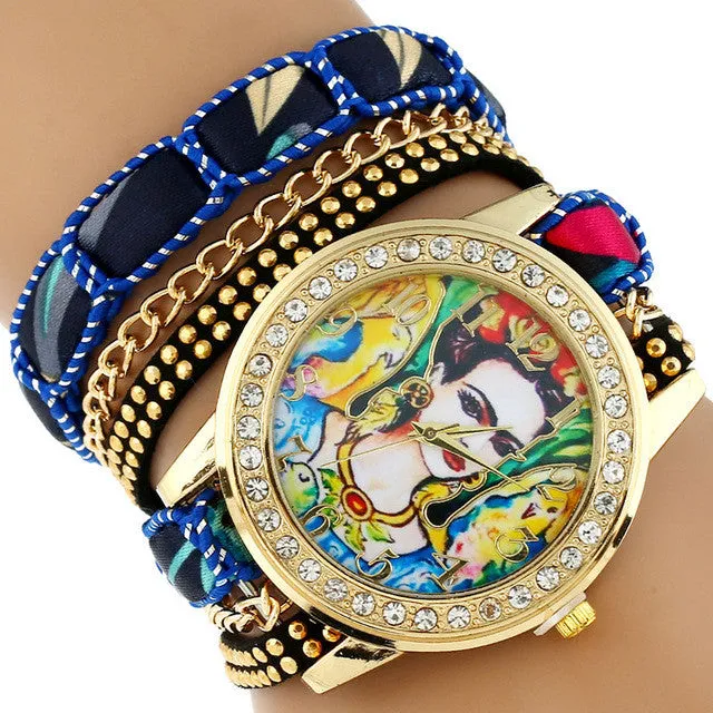 Gnova Platinum TOP Large Strap BIG Dial Ethnic lace mexican Rhinestone Frida Parrots Fashion woman wristwatch bracelet watch