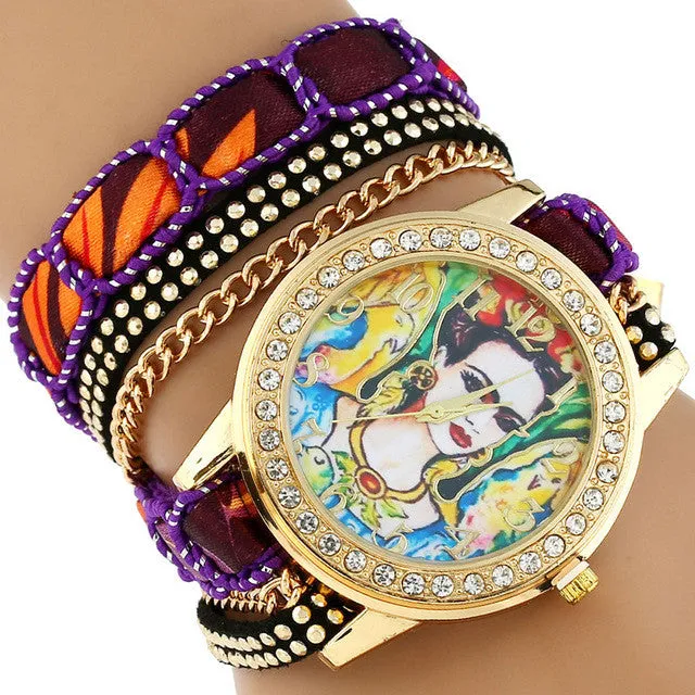 Gnova Platinum TOP Large Strap BIG Dial Ethnic lace mexican Rhinestone Frida Parrots Fashion woman wristwatch bracelet watch