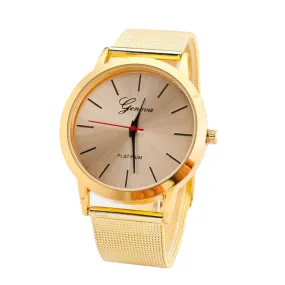 Gold Round Simple Large Dial Long Pointer Fashion Women's Men's Classic Stainless Steel Band Quartz Analog Wrist Watch Gift   LL