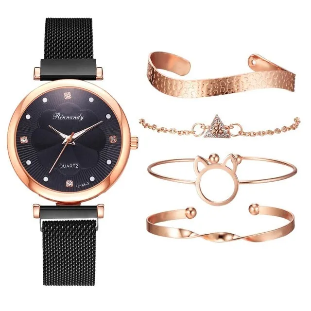 Hollow Kitty Fashion 5pcs Luxury Watch with Rhinestones Magnet Buckle Quartz Wrist Watch Bracelet Set