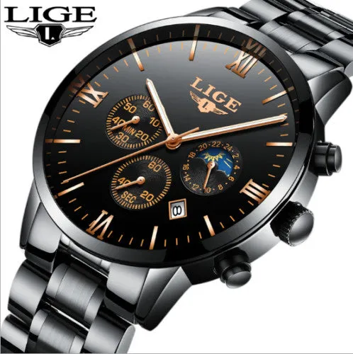 LIGE black Men Business Quartz Watch