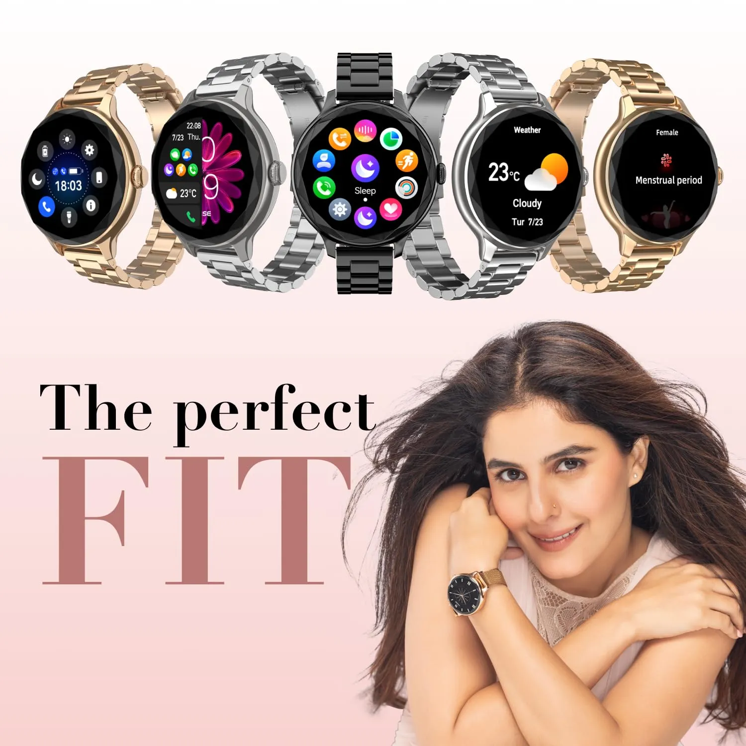 Noise Diva with Diamond Cut Dial, Glossy Metallic Finish, AMOLED Display, Premium Metal Straps, 100  Watch Faces, Female Cycle Tracker Smart Watch for Women (Metallic Black)