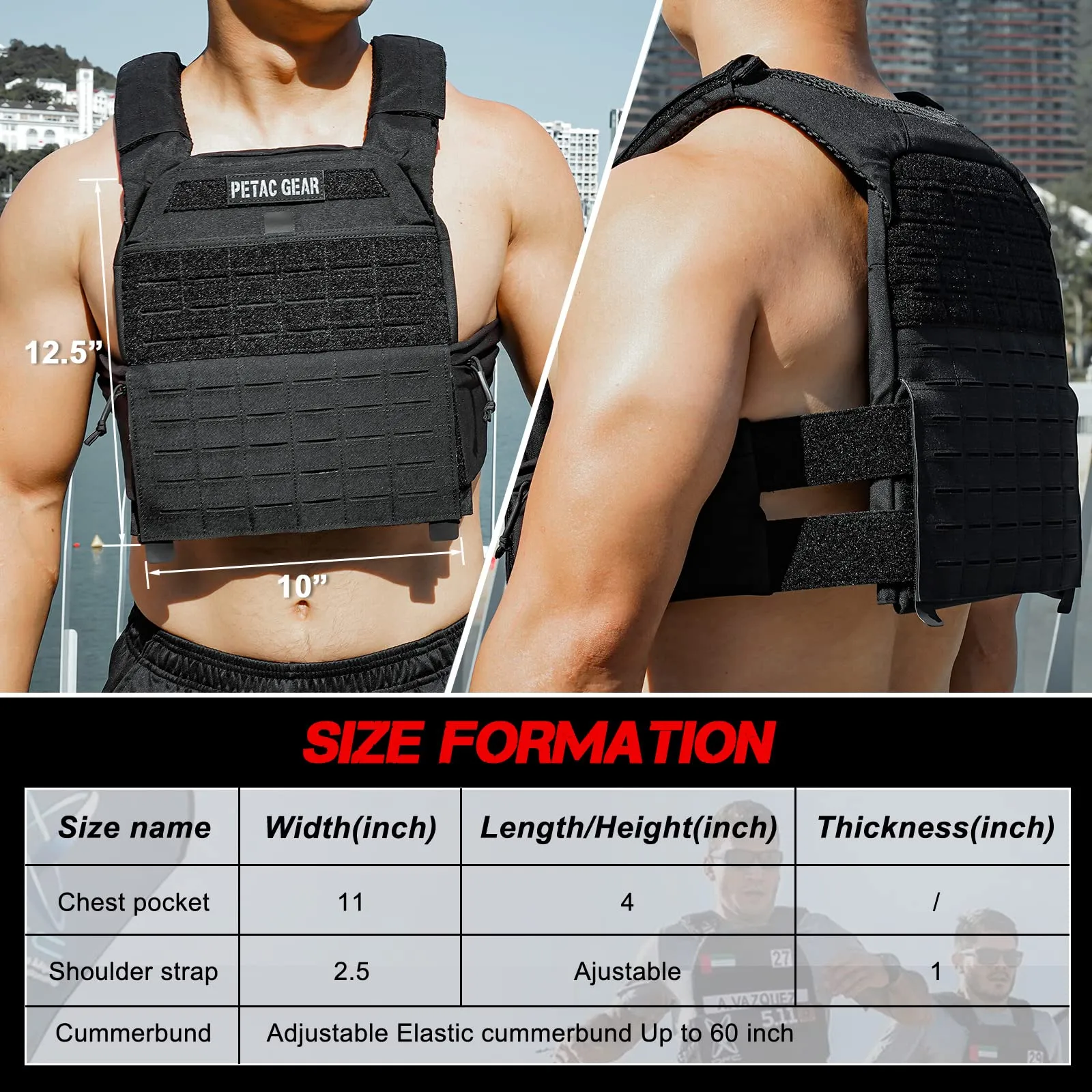 PETAC GEAR Weighted Vest Adjustable Tactical Weight Vests, Trainer Fitness Strength Endurance Workout Training Vest (BK)