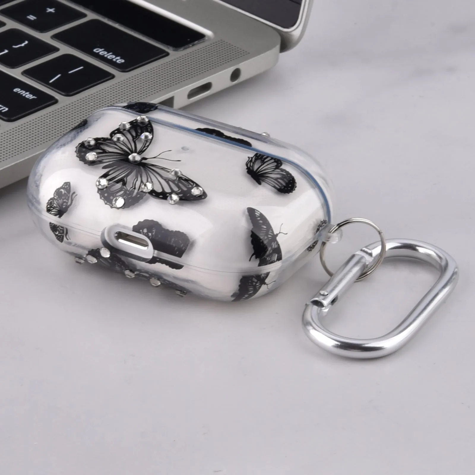 Protective TPU Case for Apple AirPods Pro with Keychain, Butterfly Design