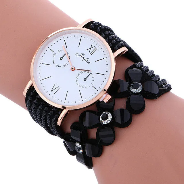 Reloj 2017 New  Bestselling Fashion Large Dial Chimes Diamond Leather Bracelet Lady Womans Wrist Watch  Free shipping 17feb8