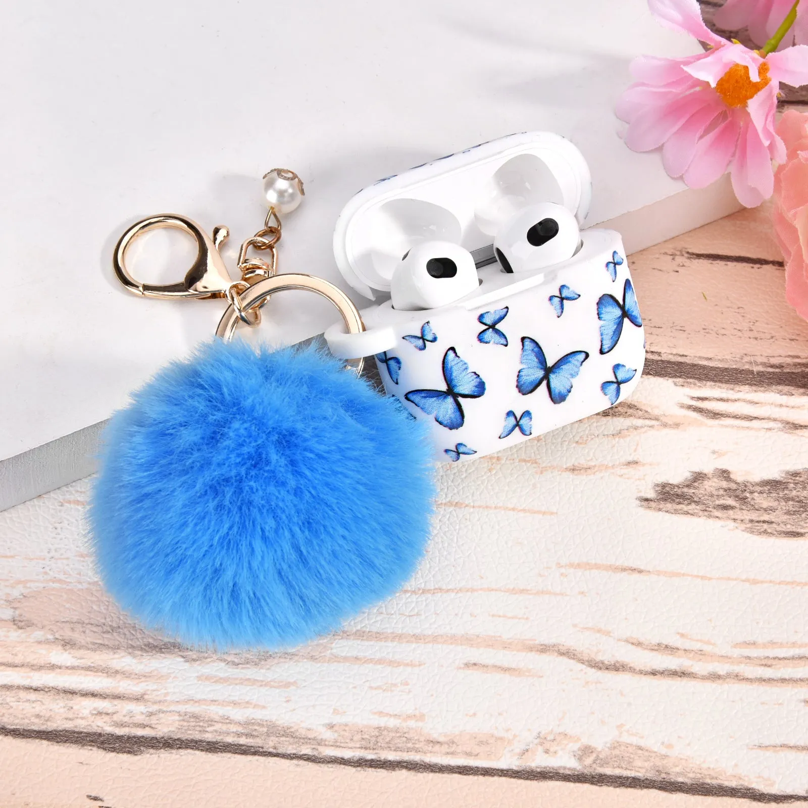 Silicone Case for Airpods 3 Case Generation 3rd with Pom Pom Keychain-Nature Designs