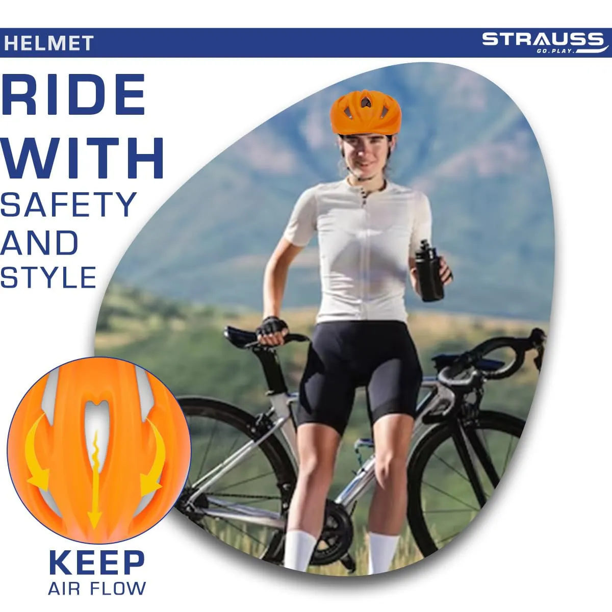 Strauss GlideX Cycling Helmet | Light Weight with Superior Ventilation | Mountain, Road Bike & Skating Helmet with Premium EPS Foam Lining | Ideal for Adults and Kids,(Orange)