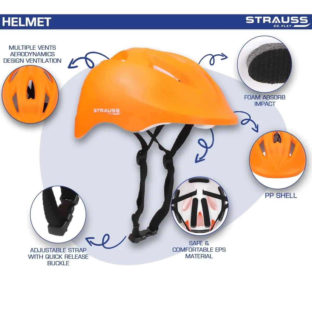 Strauss GlideX Cycling Helmet | Light Weight with Superior Ventilation | Mountain, Road Bike & Skating Helmet with Premium EPS Foam Lining | Ideal for Adults and Kids,(Orange)