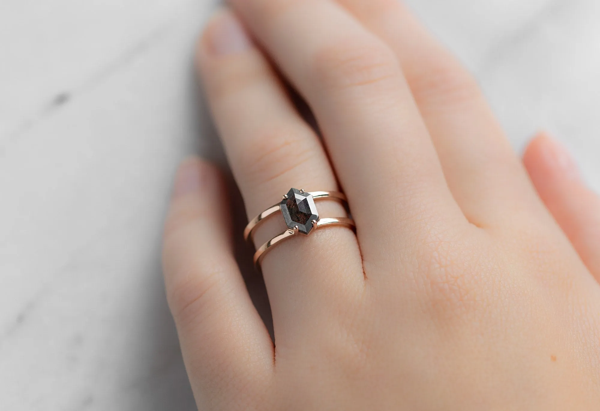 The Poppy Ring with a Black Hexagon Diamond